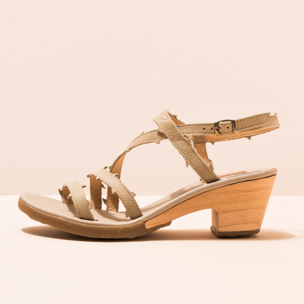 Sandales confortables à talon en bois à brides à épines en cuir - Beige - El naturalista