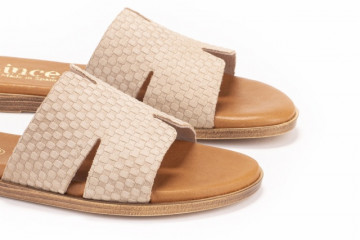 Mules plates en cuir fantaisie - Beige - Lince