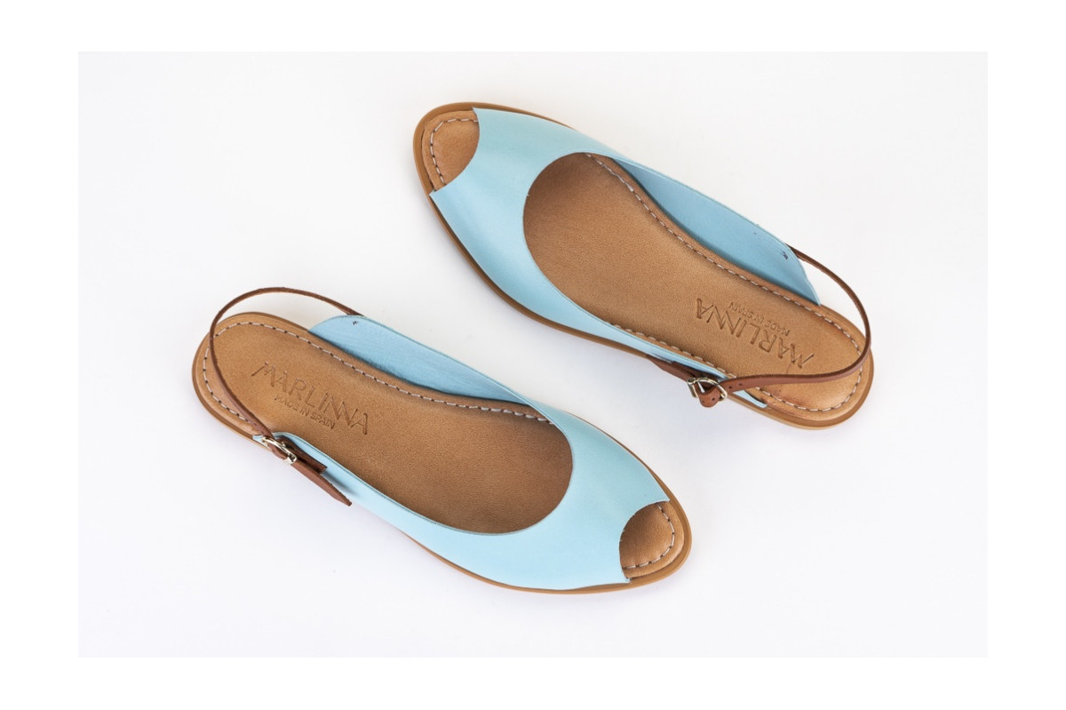 Sandales plates en cuir lisse - Bleu Ciel - Lince