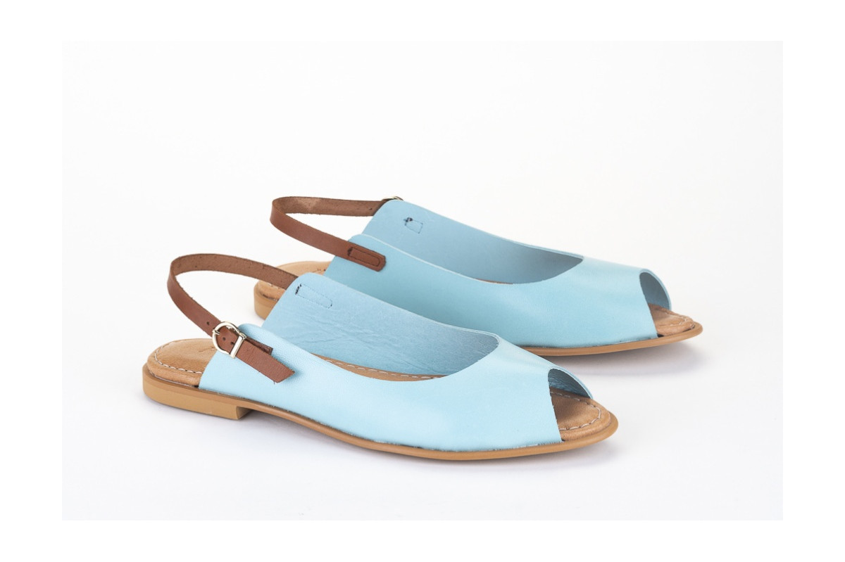 Sandales plates en cuir lisse - Bleu Ciel - Lince