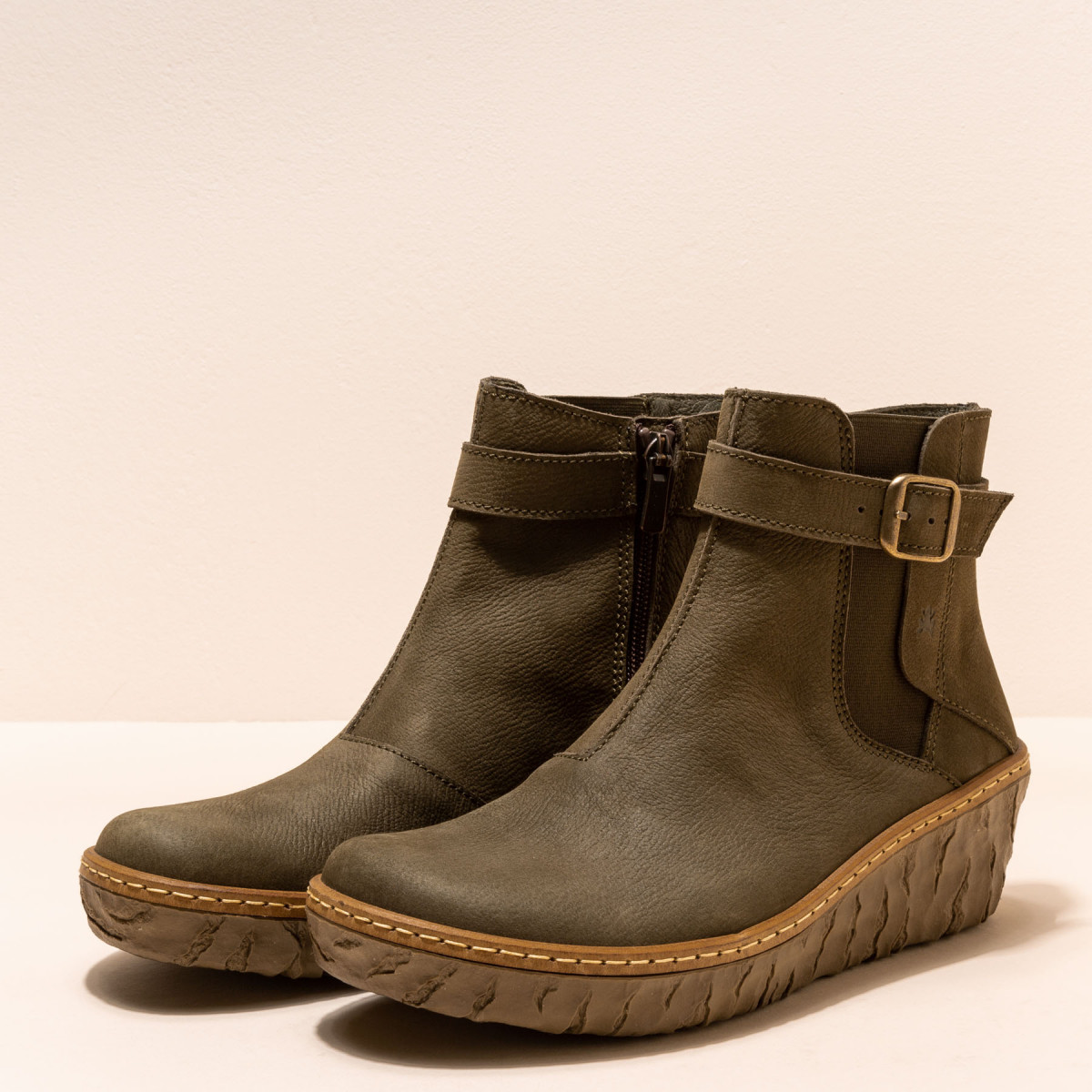 Bottines compensées en cuir à boucle - Kaki - El naturalista