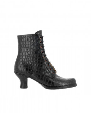 Bottines à lacets à talon bobine en cuir fantaisie - Noir - Neosens