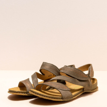 Sandales confortables plates en cuir suédé à scratch - Marron - El naturalista