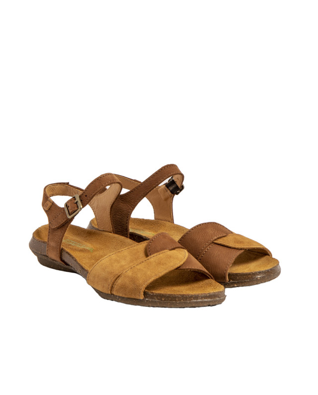 Sandales confortables plates en cuir et daim - Marron - El naturalista