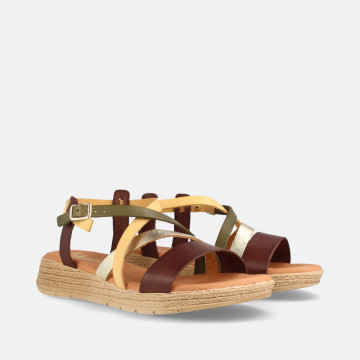 Sandales confortables compensées en cuir multi lanières - Multicolore - Marila