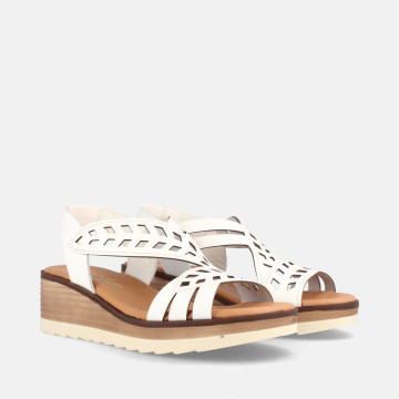 Sandales confortables compensées en cuir brides feuilles - Blanc - Marila