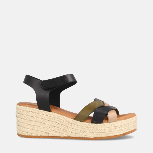 Sandales confortables en cuir compensées talon jute - Noir - Marila