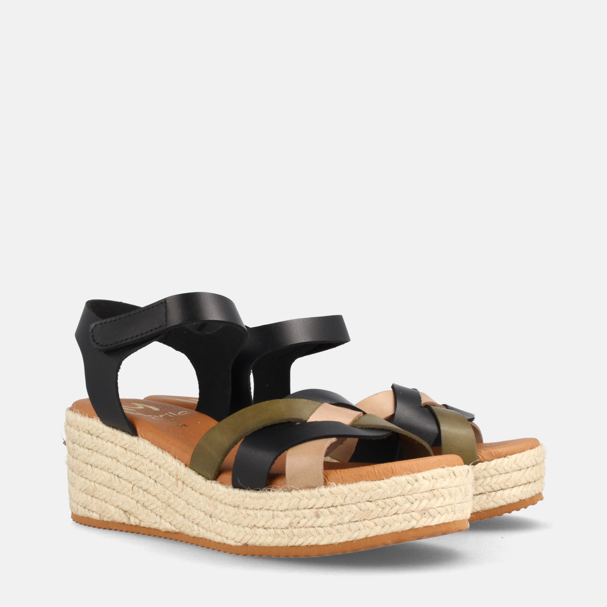 Sandales confortables en cuir compensées talon jute - Noir - Marila