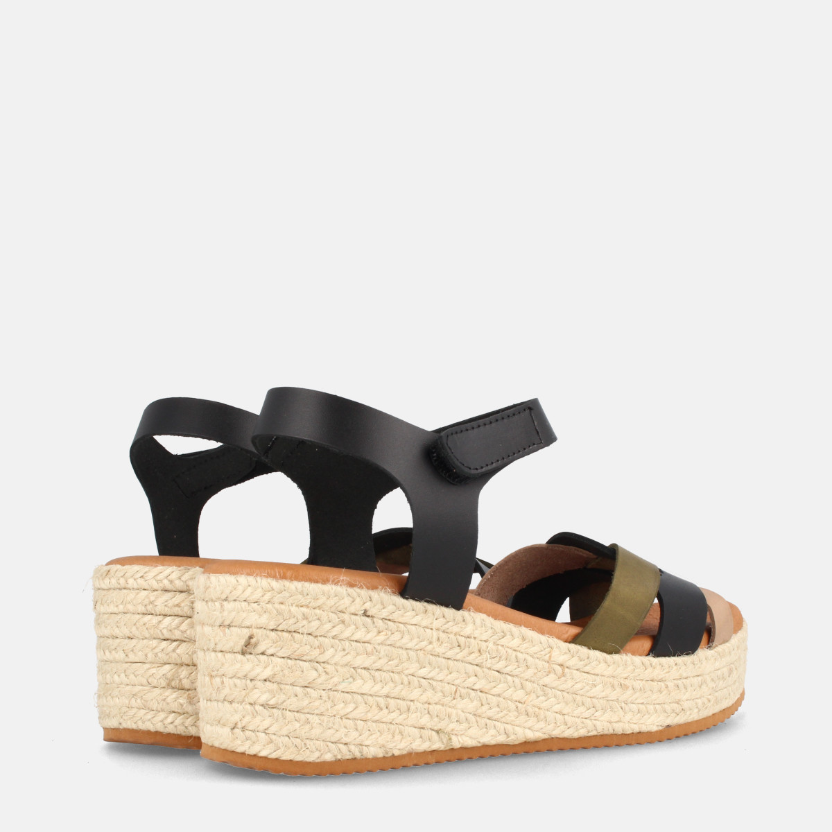 Sandales confortables en cuir compensées talon jute - Noir - Marila