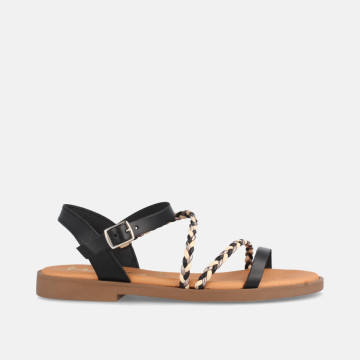 Sandales confortables plates à lanières croisées en cuir - Noir - Marila
