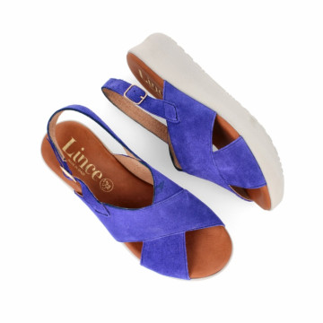 Sandales confortables compensées à brides croisées en daim - Bleu - Lince
