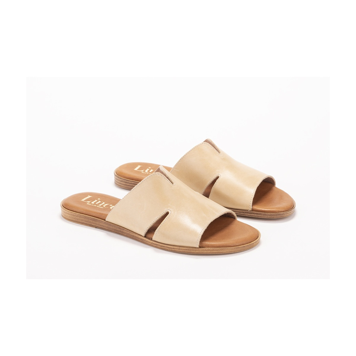 Mules plates en cuir - Beige - Lince