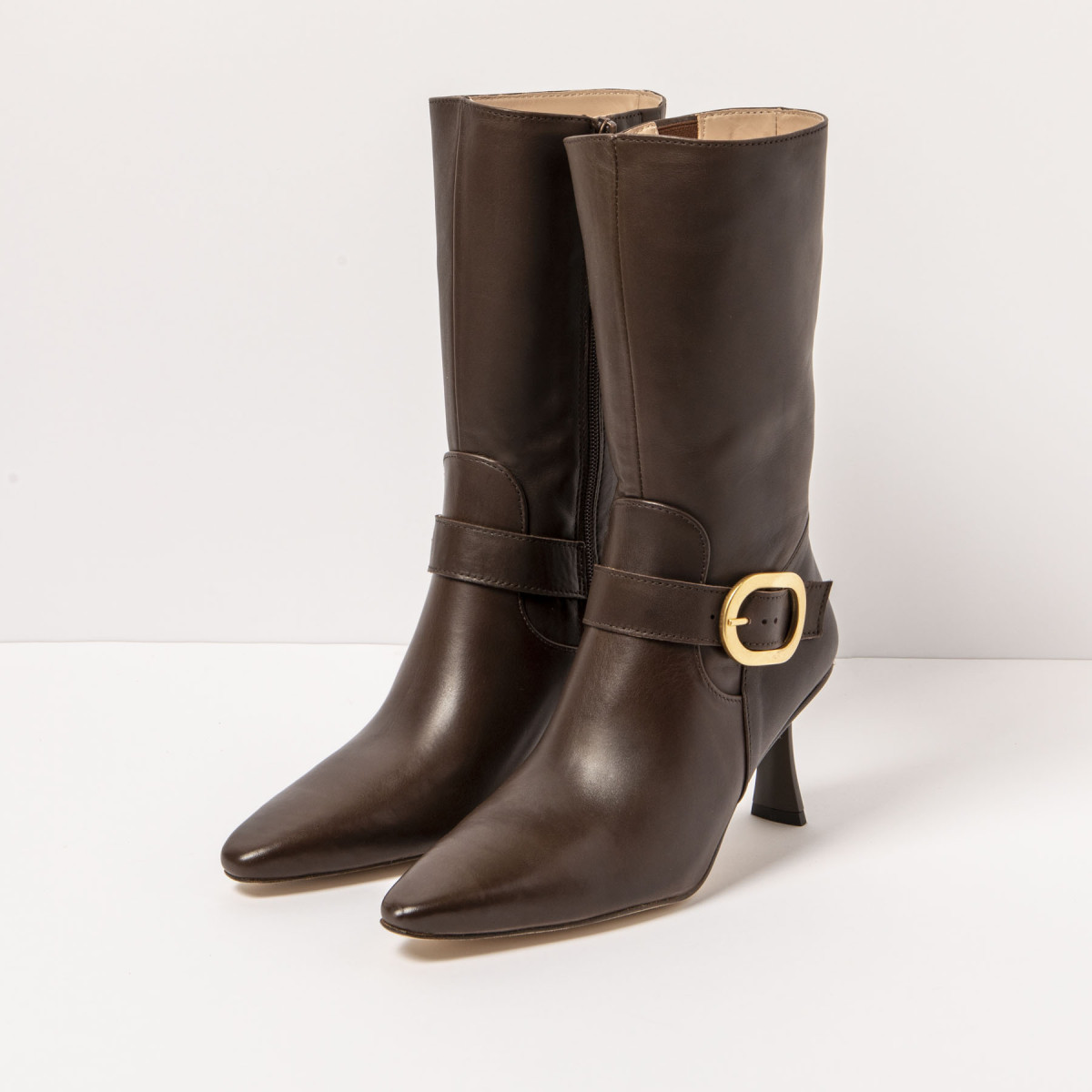 Bottes en cuir à talon aiguille et boucle - Marron - Neosens