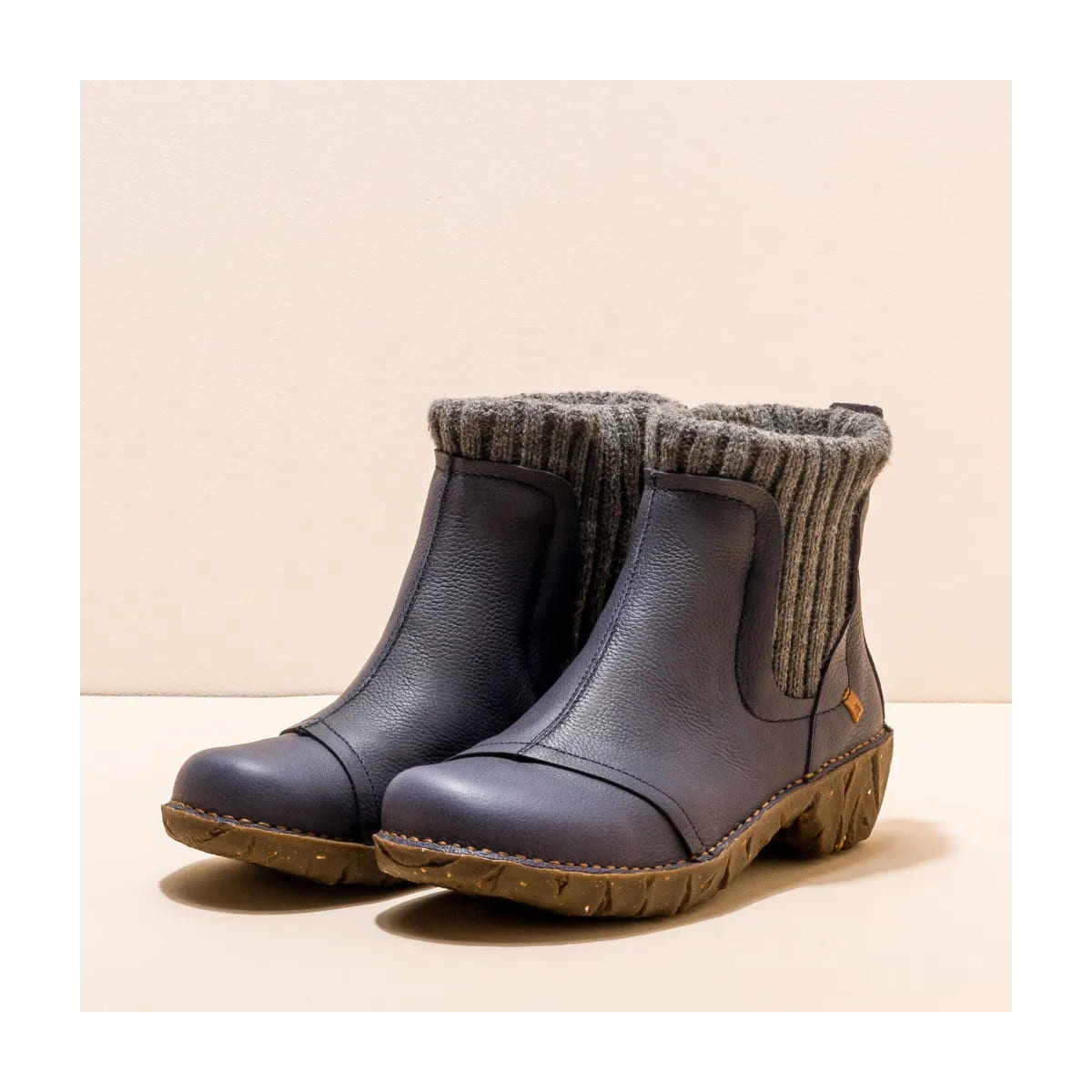 Bottines à talon en cuir doublées de laine - Bleu Marine - El naturalista