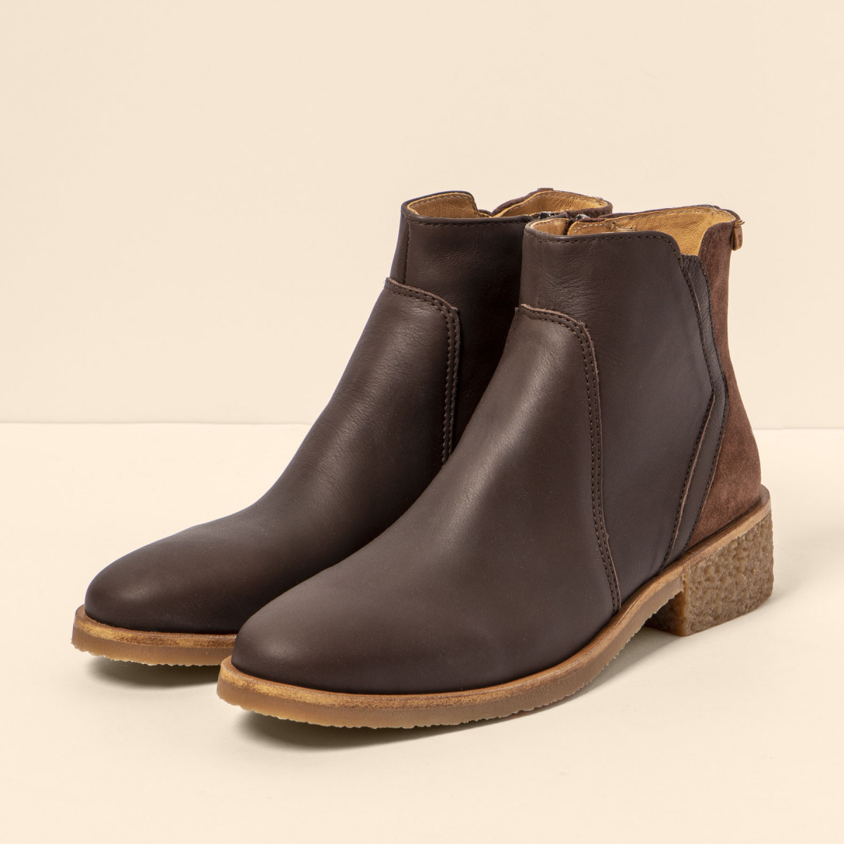 Bottines à talon carré en multi cuir - Marron - El naturalista