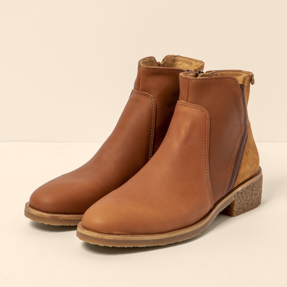 Bottines à talon carré en multi cuir - Marron - El naturalista